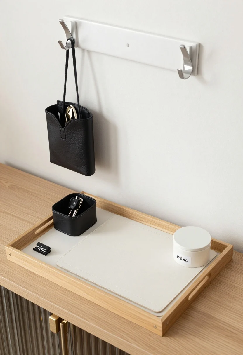 Overhead/detail shot: a tray zone on an entry console organizing everyday drop-offs—leather catchall for keys, adhesive cable clips guiding cords behind the console, a wipeable leather desk blotter-style landing pad, small lidded bin labeled “misc,” and wall hooks above for coats; materials chosen for easy wipe-down surfaces, bright but soft ambient lighting.