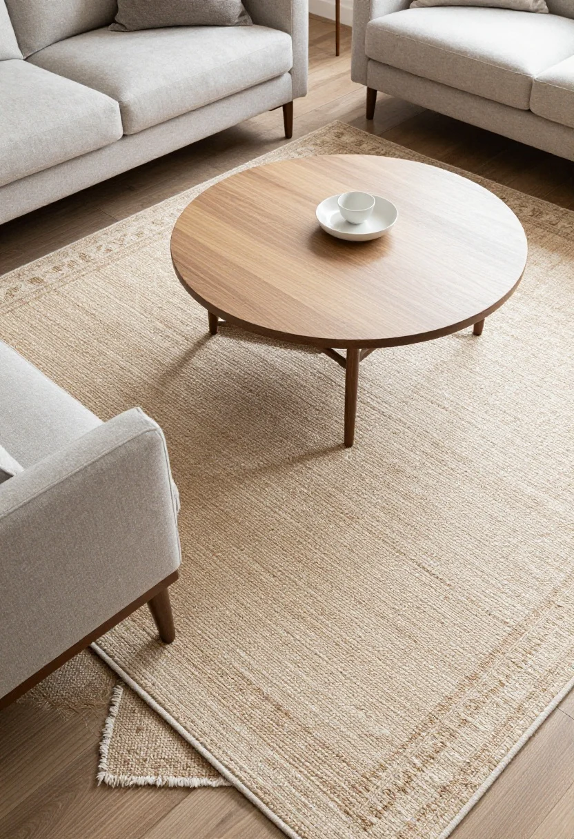 Overhead-detail to medium: Living room rug layout with an 8x10 neutral jute base layered under a patterned vintage-style wool rug, front legs of sofa and chairs sitting on the rugs. Coffee table centered, textures of jute and wool clearly visible. Daylight highlighting fibers; top-down angle transitioning to slight tilt to show placement rules.