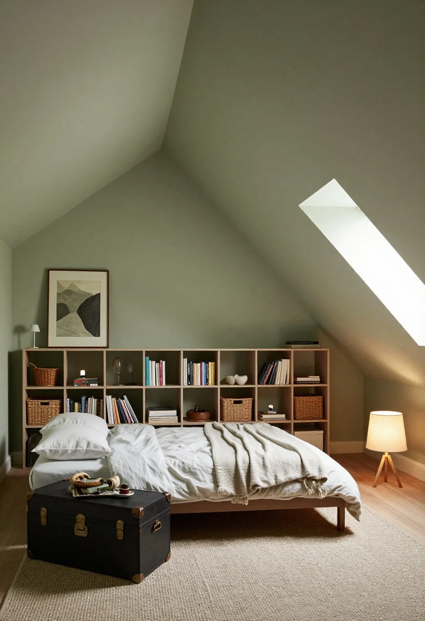 Photorealistic attic/slanted wall room, wide corner angle: low items tucked under the slope—a low bed/sofa and a storage trunk; short bookcases or built-in cubes (24–30 inches high) filling the knee wall with baskets; art hung in a calm horizon line mid-wall echoing the roof angle; soft, directional lighting via clip-on lights on shelves, plug-in sconces, and tiny table lamps (no harsh overheads); a single moody sage or clay color across walls and ceiling to erase hard angles; tactile layers—boucle throw, nubby rug, linen lamp shades. Mood: cozy, cocooned, not cramped.
