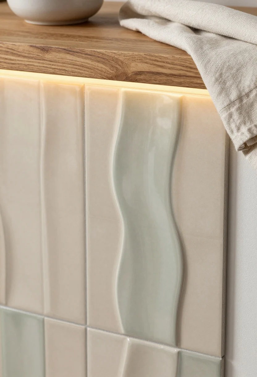 Photorealistic closeup detail of modern zellige-style peel-and-stick tiles in soft neutrals—sand, mushroom, and sage—with subtle color variation and a gently glazed, slightly wavy handmade texture; tiles installed in a straight-stack layout; warm under-cabinet LED lighting grazing the surface to highlight gloss variation; a wood cutting board edge, linen tea towel, and a ceramic utensil crock partially in frame to layer textures; slight corner angle for depth