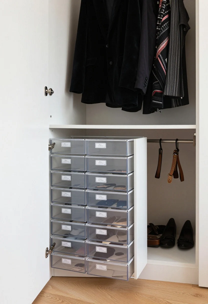 Photorealistic closeup/detail shot of a closet floor “Narnia” zone: the bottom 18 inches optimized with slide-in drawer carts and stacked clear shoe drawers, each with neat labels. Above, double closet rods hold mostly short garments on uniform slim velvet hangers in black for a luxe, organized look. Back-of-door rack visible at edge with scarves and belts. Neutral interiors, bright even lighting for visibility, focus on textures of hangers, acrylic drawers, and labeled tags, no clutter.