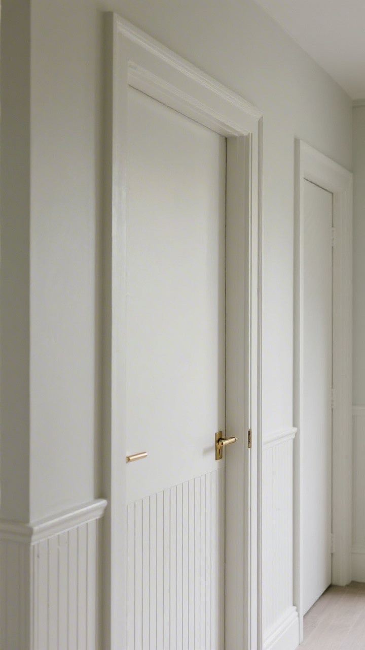 Photorealistic closeup detail shot of architectural elements in a narrow hallway: doors and trim color-matched to the surrounding wall paint for a seamless, widened look; minimalist hardware in brushed brass on a slim lever handle; subtle vertical beadboard or skinny slat paneling painted the same wall color to add texture and height without bulk; soft, even lighting to reveal texture while keeping contrast low; tight framing on door edge, trim, hardware, and paneling meeting cleanly.
