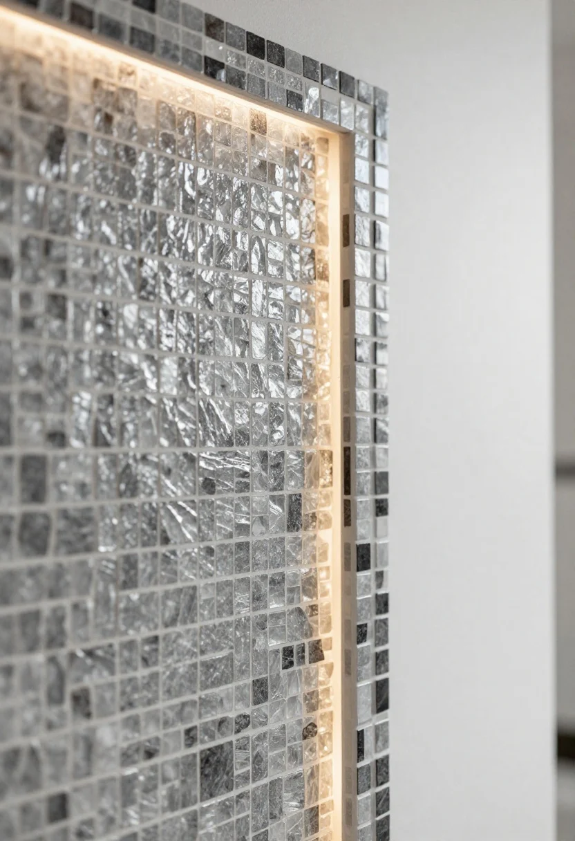 Photorealistic closeup macro detail of a monochrome micro-mosaic peel-and-stick backsplash in smoky grays with a subtle glass/stone mixed-material print and soft sheen; framed by a thin border tile that makes the field look professionally planned; warm LED under-cabinet glow catching the tiny tesserae; focus area suggests placement behind a range while adjacent wall fades into simpler surface; shallow depth of field to emphasize texture without visual noise