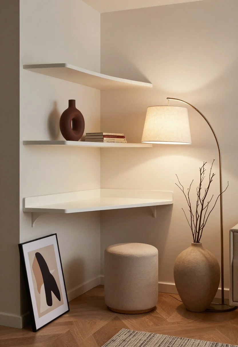 Photorealistic corner-angle detail-to-medium shot activating an ignored corner: floating triangular corner shelves in matte white hold a bold sculptural vase and a small stack of books; below, a wall-mounted drop-leaf desk is folded up with a simple stool tucked under. A tall arc floor lamp with a linen shade illuminates the nook, and a single oversized art print adds a statement. Rounded shapes in the stool and lamp soften the angles; one big move—a dramatic floor vase with branches—completes the zone. Warm, focused lighting, clean modern styling, no people.