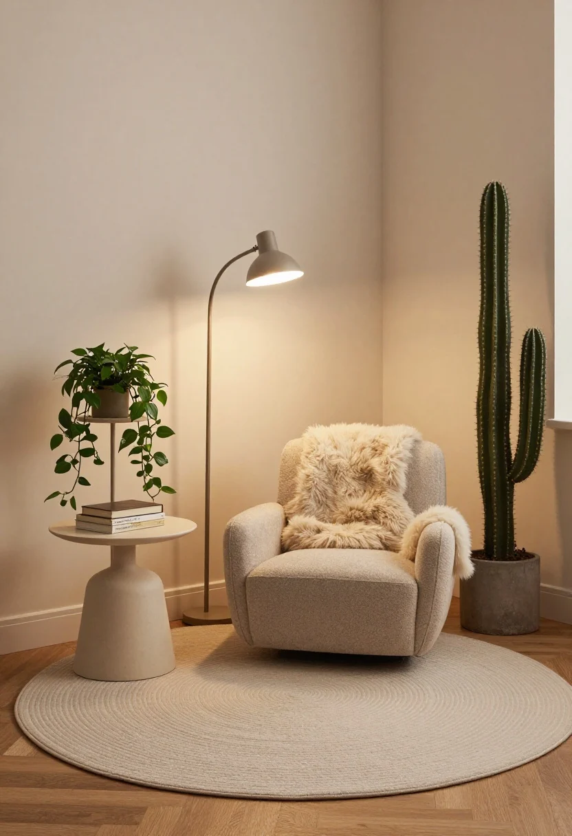 Photorealistic corner vignette, medium shot from a slight angle: an awkward apartment corner anchored by a 3–4 ft round rug, styled as a micro reading nook—petite swivel chair in a neutral fabric with a soft sheepskin draped over it, a slim floor lamp, and a compact 20-inch round side table with a small stack of books; nearby, a tiered plant stand with a trailing pothos and a sculptural cactus at different heights for a living vignette; warm, cozy evening lighting. Mood: intentional, compact, inviting.