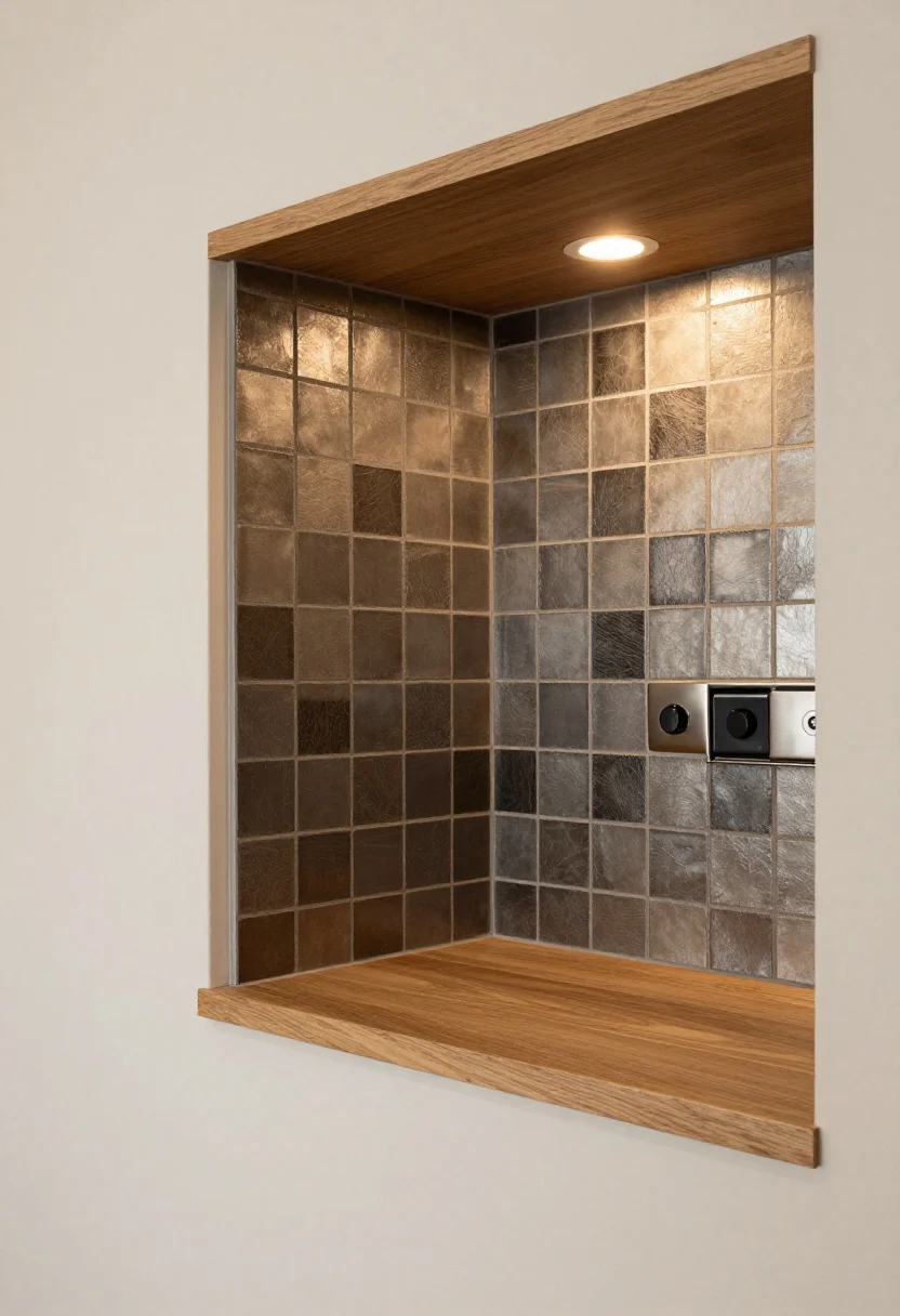 Photorealistic detail shot of a coffee station nook with subtle metallic peel-and-stick tiles in brushed champagne and gunmetal, arranged in a tidy grid with a few accents interspersed among neutral tiles; warm wood shelf and creamy painted wall framing the scene; appliances in matching stainless/brushed finishes for a pulled-together look; under-cabinet lighting on a dimmer creating a soft evening glow that the brushed texture diffuses; angled corner perspective