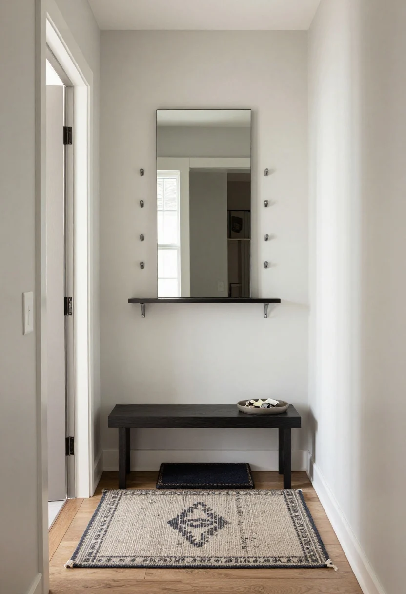 Photorealistic entry area, medium shot from doorway: a no-foyer “fake foyer” layered with a slim bench (or two ottomans tucked under) for seating and hidden storage; above, a vertical catchall system—wall hooks, a small floating shelf, and a mirror reflecting window light to enlarge the feel; flooring shows a “mat sandwich” with an outdoor mat just outside and a flat-weave rug inside featuring a dark pattern to hide grime; a single tray on the bench or shelf corralling keys and mail; a painted color-block rectangle behind the bench framing the zone. Mood: orderly, welcoming, clearly defined.