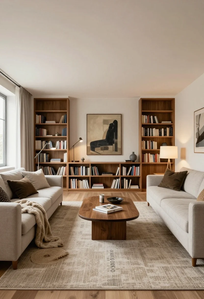 Photorealistic long, open-plan living room, wide shot from one end showing depth: clearly zoned spaces with two rugs—one anchoring a sofa/TV area and another defining a reading or dining spot; a narrow console table or open bookcase backing the sofa to separate zones while adding storage; repeated finishes (matching wood tones/metals) appearing in both areas for cohesion; layered lighting: overhead ambient, a task floor lamp by the reading chair, and an accent table lamp for mood; a large-scale art piece providing a singular focal point; chunky textures like a wool throw and woven basket; pathways visibly clear at about 30–36 inches for smooth traffic flow. Mood: organized, designer-zoned, harmonious.