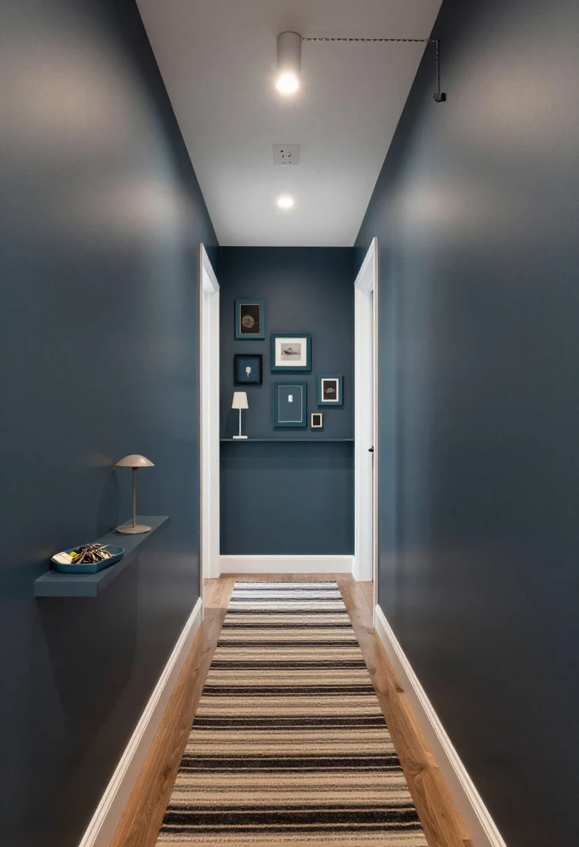Photorealistic medium hallway shot, straight-on perspective: a narrow corridor painted a half-step darker than adjoining rooms, with a 6–8-inch-deep floating ledge shelf holding a catchall tray, keys, and a slender lamp; a full-length cohesive gallery wall with same-color frames in mixed sizes hung at eye level; a bold striped low-pile runner elongating the floor; a high-mounted statement plug-in picture light/sconce drawing the eye up; subtle glow along the wall; clean baseboards; renter-friendly details like command hooks visible for the light cord management. Mood: chic “gallery tunnel,” quietly dramatic.