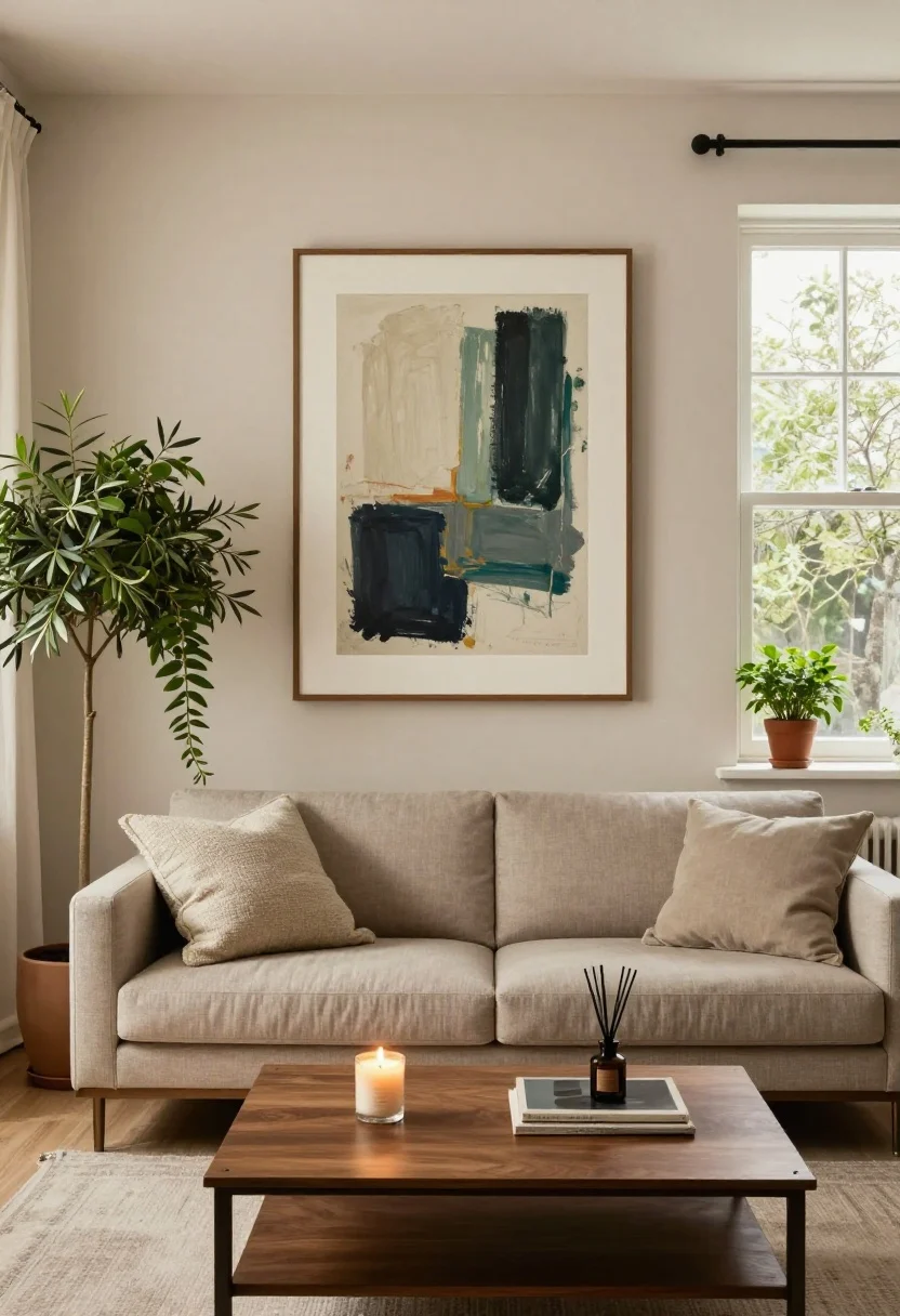 Photorealistic medium shot focusing on the cozy trifecta: a large-scale art piece centered over a sofa with frames matching the room’s metal finishes, mixed greenery at different heights (floor olive tree, pothos trailing on a shelf, small herb pot on the window ledge), and subtle scent cues (lit candle and a minimalist reed diffuser on the coffee table); include soft textiles like a bouclé pillow and linen curtains slightly puddling; warm evening glow, straight-on composition
