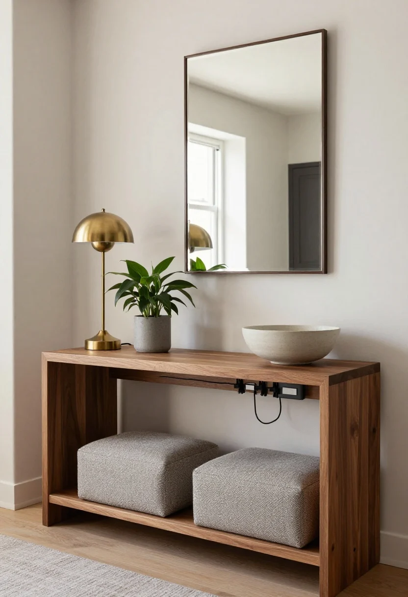 Photorealistic medium shot from a corner angle of the 10-inch gap behind a sofa: a slim console table in walnut positioned behind a soft gray sofa; on top, a balanced vignette—tall brass lamp, medium-height leafy plant, and a low ceramic bowl. Two small upholstered ottomans in boucle tuck beneath the console. A concealed power strip underneath with tidy cable clips along the back edge. A wall-mounted mirror above the console bounces light over the sofa. Soft afternoon light, calm and functional, tidy cords, contemporary finishes.