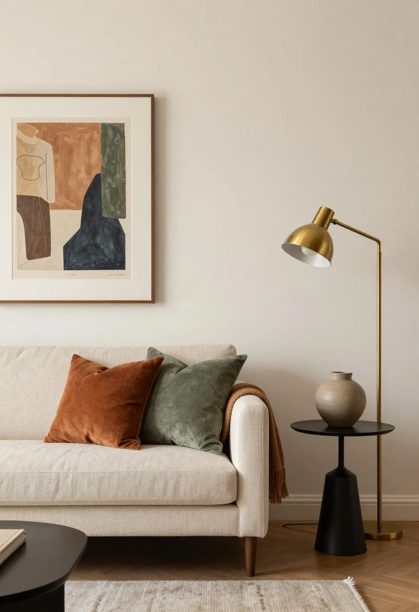 Photorealistic medium shot of a living area vignette showing a warm palette shift: creamy white walls, a mushroom-toned sofa, camel throw, and two repeating accents in rust and muted moss (pillow, art print, and ceramic vase); brushed brass floor lamp and blackened bronze frame on a side table for metal warmth; one oversized art print adding visual “color” to the wall; soft warm lighting, straight-on view