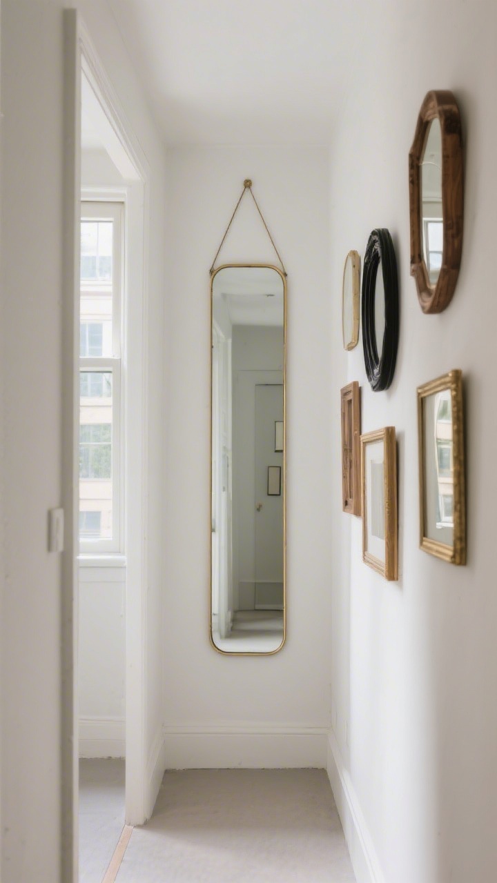 Photorealistic medium shot of a narrow apartment hallway featuring a tall, slim vertical mirror with a thin brass frame hung opposite a small window, doubling daylight across light-painted walls; include a subtle gallery of mixed mirrors (vintage wood, matte black, and simple brass frames) arranged in a balanced composition without clutter; keep frames slim and finishes light; straight-on perspective from mid-hall, natural daylight reflecting to create depth and a visually taller ceiling; no people.