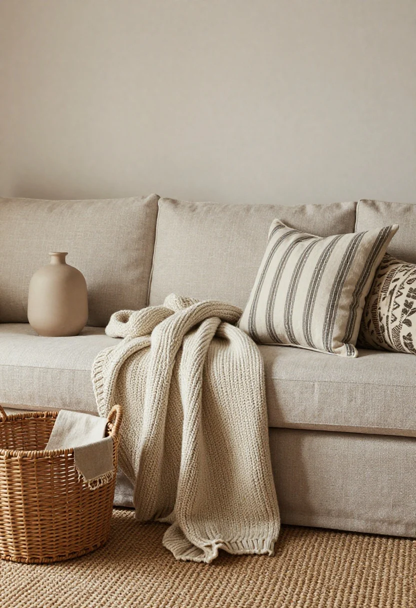 Photorealistic medium shot of a neutral sofa corner showcasing five tactile layers: a chunky knit throw (plush), a rattan basket with a linen runner peeking out (natural), a matte ceramic vase (matte), a striped pillow plus a small block-print cushion (patterned), and a grounding woven wool rug beneath; cohesive earthy-modern palette with repeated textures, soft warm evening light, corner angle emphasizing depth and touchability