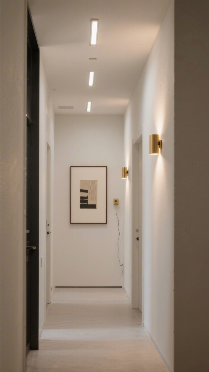 Photorealistic medium shot of a slim, contemporary hallway illuminated by low-profile linear LED flush mounts along the ceiling and paired wall-washer sconces casting soft up-and-down light to elongate and add height; consistent warm white bulbs at 2700–3000K for cohesive glow; include a plug-in brass picture light over a framed artwork creating a gentle focal point; corner angle view showing even light with no shadowy corners; minimalist decor, no clutter.