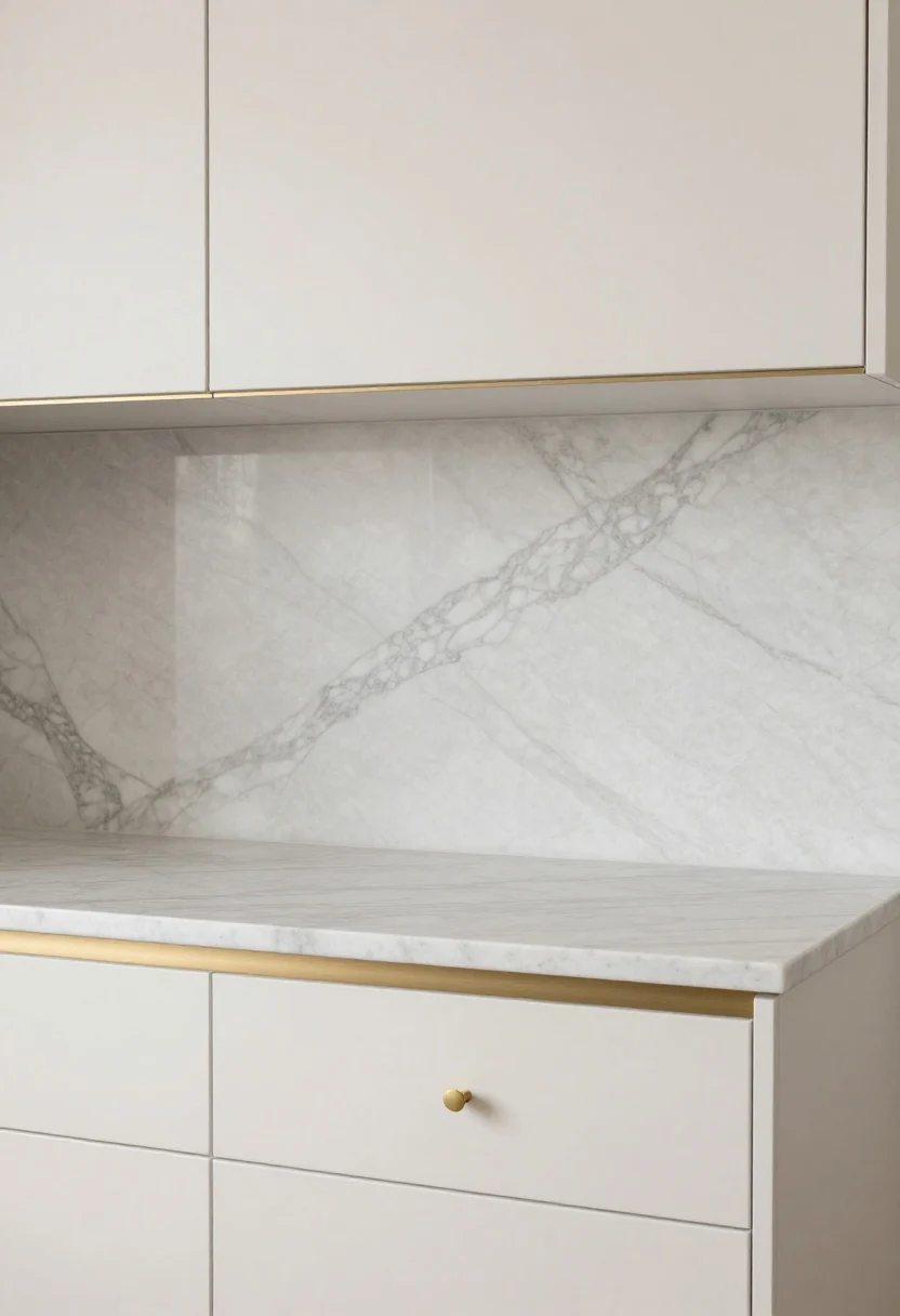 Photorealistic medium shot of a small galley kitchen featuring a peel-and-stick Calacatta/Carrara-inspired marble backsplash with soft, delicate veining and a low-sheen matte/satin finish; warm white shaker cabinets, brass hardware, and thin brushed metal edge trim giving a built-in look; soft daylight bouncing around to make the space airy; neutral quartz countertop kept uncluttered; straight-on perspective emphasizing subtle veins without glare