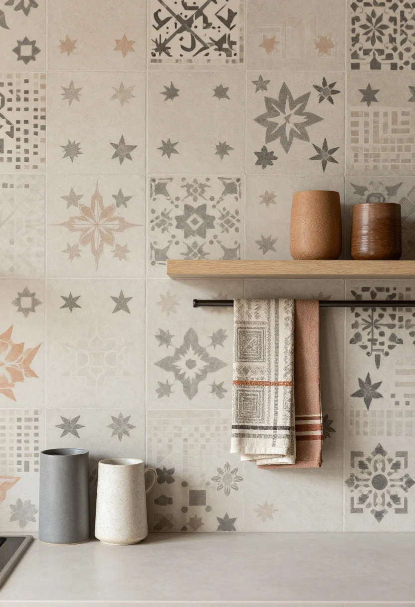 Photorealistic medium shot of a small kitchen wall clad in peel-and-stick patterned tiles with Moroccan cement tile vibes: tight, refined geometric stars and micro-checks in muted, chalky tones (soft charcoal and warm clay on cream); finish is matte to sell the cement look; pattern runs to mid-wall with a simple floating shelf above to break it up; two dominant colors echoed in dish towels and a small runner for cohesion; straight-on perspective