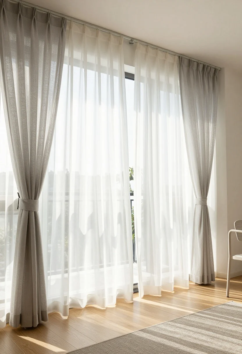 Photorealistic medium shot of a small urban balcony with sheer outdoor curtains in white and soft gray layered on a ceiling track and a tension rod, one side doubled with a light-filtering liner; UV- and mildew-resistant fabric billowing gently but clipped to sturdy metal tie-backs to keep shape; warm morning light diffusing through the sheers, soft shadows on pale wood decking; minimal bistro chair and a neutral outdoor rug in view; airy, dreamy vibe, straight-on angle.