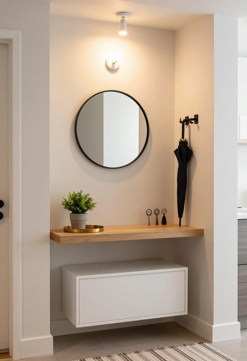 Photorealistic medium shot of a tiny apartment entry nook: a 6–8 inch deep floating console ledge in light oak with a small brass tray, a tiny potted plant, and one key set (three items max), mounted beneath a round black-framed mirror that bounces light. Staggered matte black metal wall hooks hold a tote and umbrella. A slim white flip-down shoe cabinet sits below, topped with a shallow catchall. A narrow indoor/outdoor runner in neutral stripes frames the zone. Warm, boutique-like lighting from a small plug-in wall sconce replaces the ceiling bulb. Straight-on perspective, clean, uncluttered, modern.