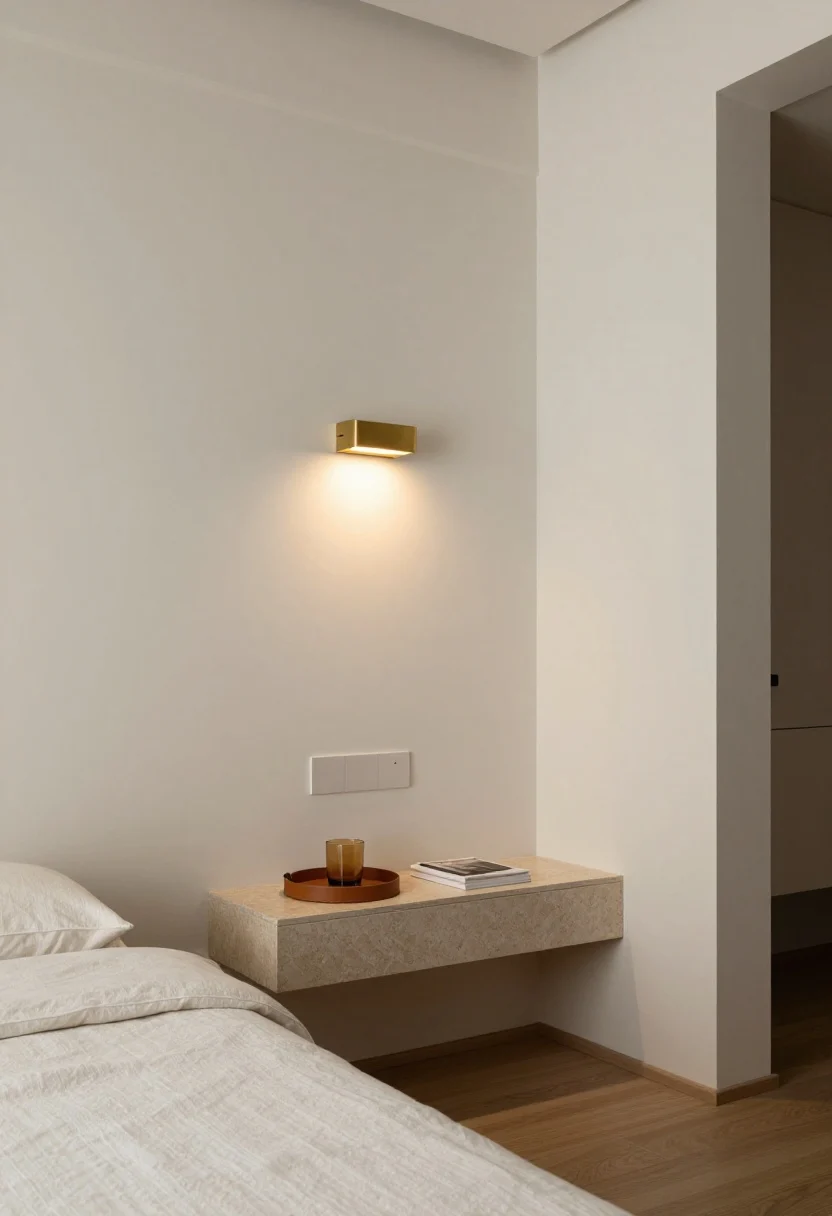 Photorealistic medium shot of a tiny luxury bedroom corner featuring a slim, wall-mounted floating shelf (6–9 inches deep) in matte travertine installed 1–2 inches below mattress height; above it, a cordless rechargeable sconce in matte brass casts a warm 2700K glow. On the shelf: a small leather catchall tray in caramel, a single tumbler, and one book. Oak plank flooring, quiet linen headboard, matte painted walls (soft warm white), concealed cable clips, open floor beneath for visual lightness. Shot straight-on with layered, diffused evening lighting and subtle reflections kept minimal to avoid glossy noise.