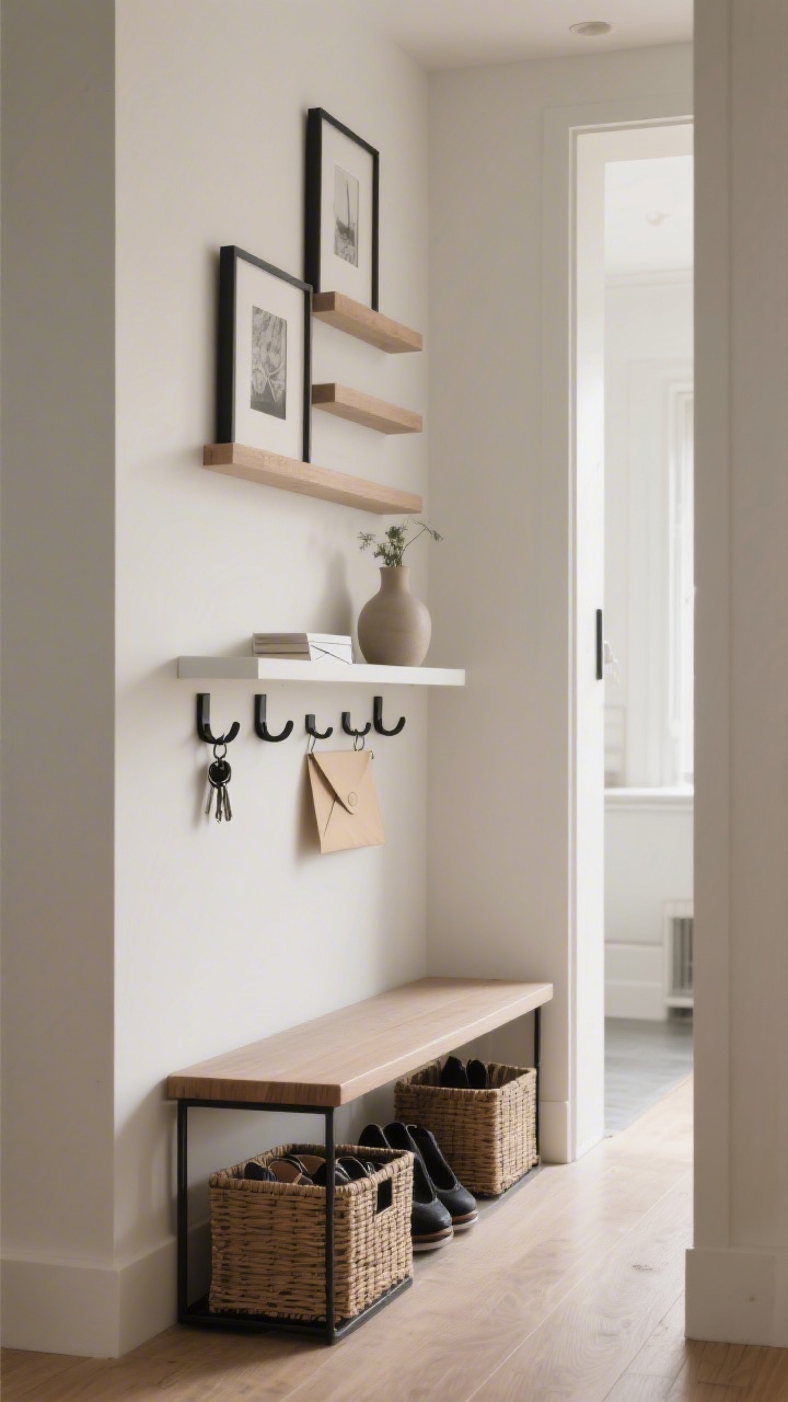 Photorealistic medium shot of lean storage hugging a narrow hallway wall: shallow floating shelf (3–4 inches deep) styled with keys, mail, and a small vase; stacked picture ledges above forming a slim vertical mini gallery; a narrow bench (10–12 inches deep) beneath with closed baskets tucked underneath to hide shoes; matte black wall hooks installed over the bench; clean, clutter-free scene with soft ambient lighting; angled view from the entry showing how pieces stay flush to the wall.