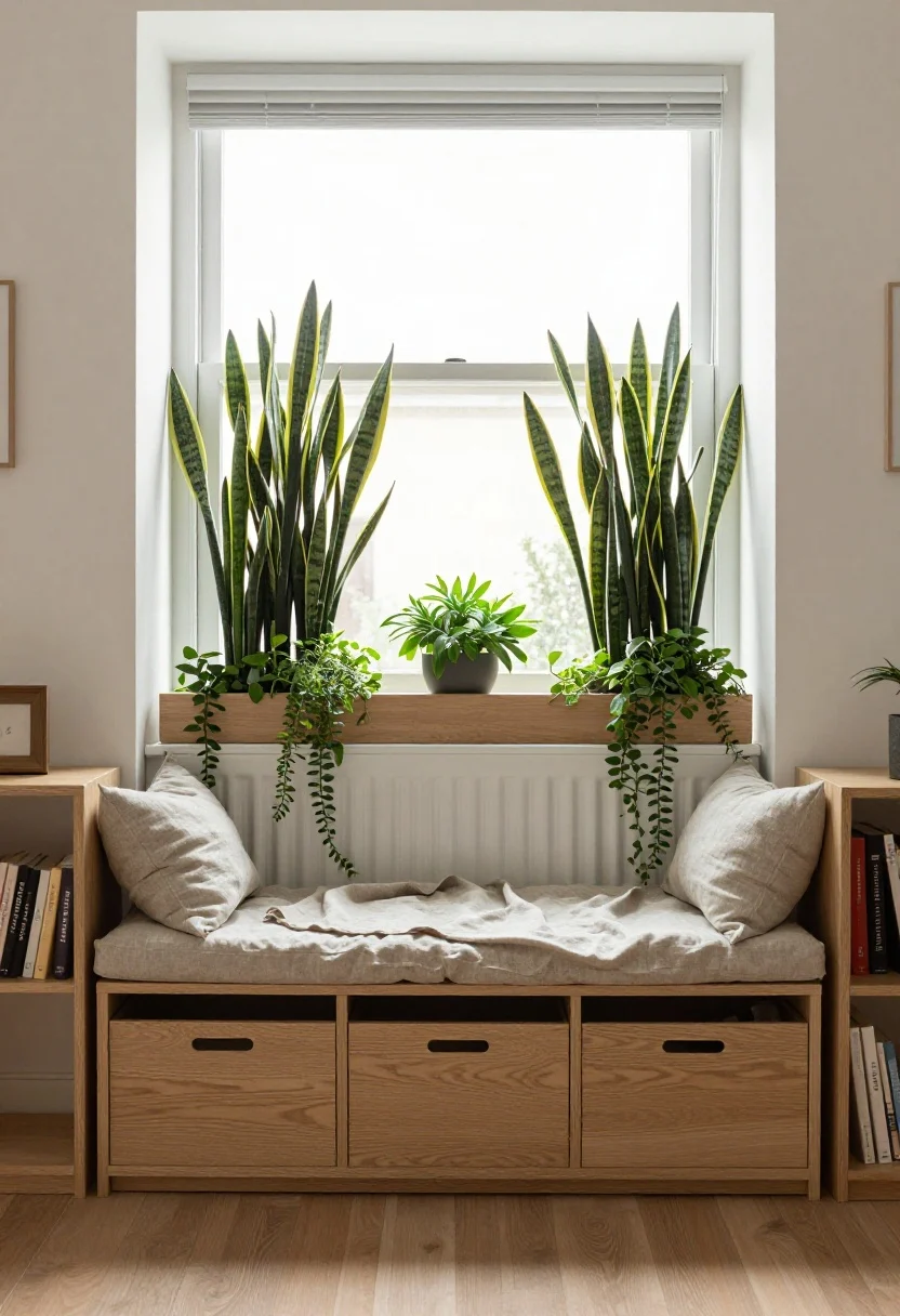 Photorealistic medium shot of the space under a sunlit window: a low storage bench in light wood with hidden bins, topped by a cushioned seat in oatmeal linen and a soft throw. On either side, short bookcases flank the window to create a mini-library without blocking light. A radiator cover with a flat top doubles as a plant perch—layered plants by height: tall snake plant at one end, trailing pothos on the other, a small succulent centered. Linen curtains lightly puddle onto the bench. Bright natural light, cozy, below-sill-height furnishings, straight-on view.