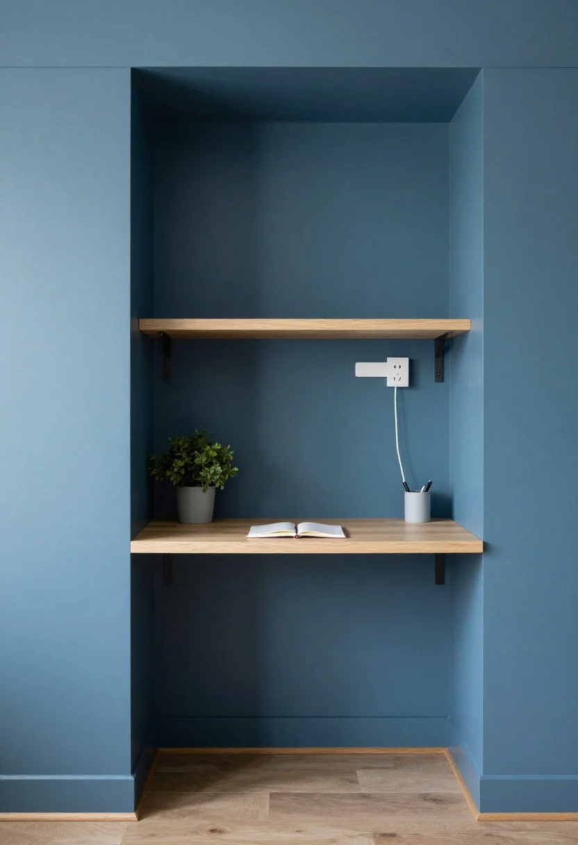 Photorealistic niche/alcove, medium straight-on shot: a renter-friendly “built-in” office nook inside a recessed alcove wrapped in one saturated color across walls, shelf/desk, and trim; a wall-mounted desk (sturdy shelf with brackets), a slim rolling file tucked below, and a plug-in sconce above; adhesive cord raceways painted to match for clean lines; optional peel-and-stick wallpaper behind the desk for an elevated feel; minimal accessories—a small plant, notebook, and a neat pen cup. Mood: custom, jewel-box functional.