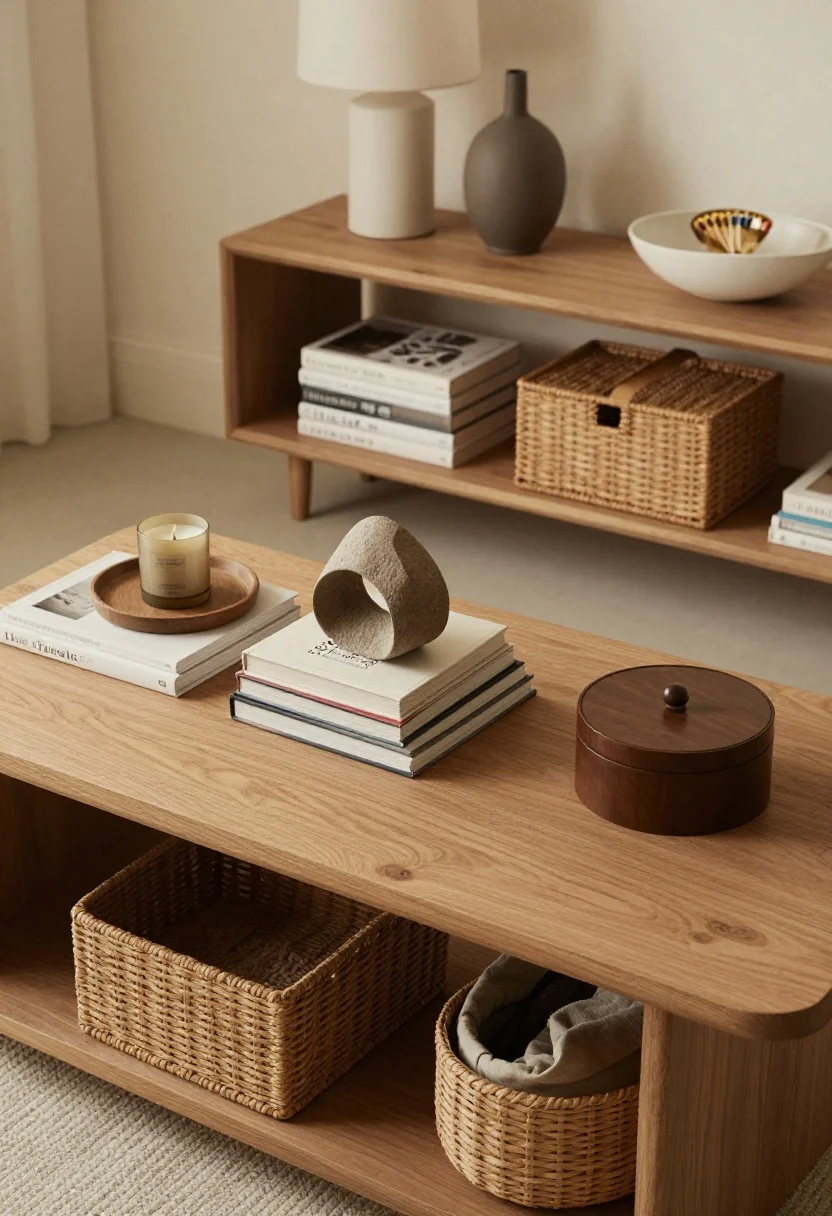 Photorealistic overhead detail of a styled coffee table using the 3-2-1 rule: a tidy stack of design books, a sculptural object, and a small tray with a candle; nearby console shows two verticals (a lamp and a vase) plus one horizontal (a low bowl with matches); woven basket under the console for blankets and a lidded box for remotes; calm, curated surface styling in warm tones, diffused daylight