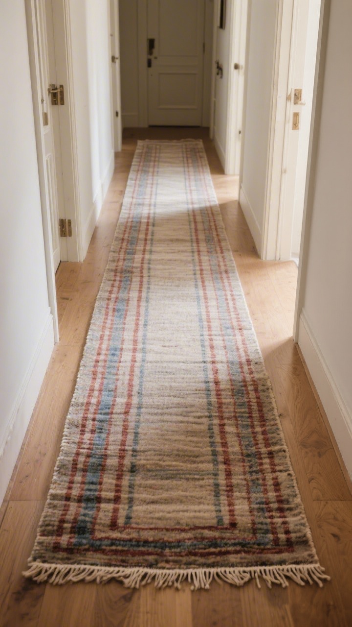 Photorealistic overhead detail shot of a long hallway runner nearly stretching door-to-door: a faded Persian-style runner with subtle lengthwise stripes and a quiet border that visually widens the edges; low-pile texture to avoid bulk; soft, linear patterning in muted dusty reds, faded blues, and taupe on warm wood or light-toned flooring; gentle natural light grazing the fibers to reveal weave; doors along the sides slightly out of focus for depth.