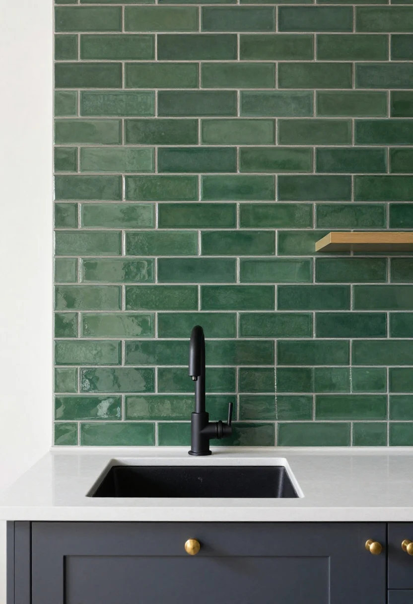 Photorealistic vertical medium shot of a narrow kitchenette wall clad in slim elongated peel-and-stick subway tiles (1x4 or 1x6) installed in a vertical stack to heighten the ceiling; glossy, color-saturated tiles in deep green with a soft gray printed “grout” defining the pattern; matte black faucet at the sink paired with brushed brass cabinet handles; seam lines pressed tight and crisp; shot from counter height, straight-on for graphic impact
