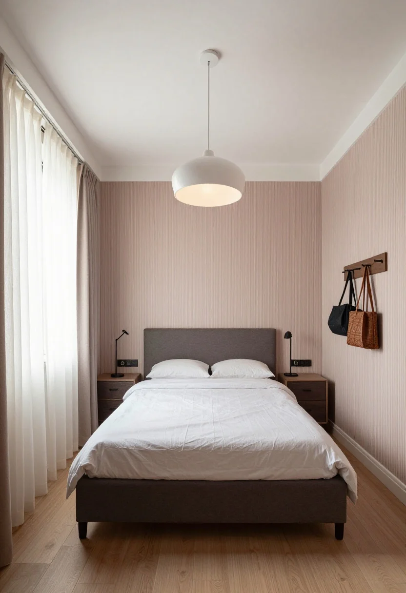 Photorealistic wide bedroom shot, straight-on: a low-profile bed (approx. 18 inches high) with tall, slim nightstands (approx. 28 inches) creating vertical contrast; walls with subtle vertical pinstripe wallpaper or painted 80% color with a white band at top for a lifted-ceiling effect; long drapes hung 2–4 inches below the ceiling and wider than the window, no puddling; a torchiere or mushroom lamp casting upward glow to visually raise the ceiling; storage solutions include under-bed drawers peeking subtly and a wall-mounted peg rail with bags/hats; keep dressers low and wide, avoiding tall wardrobes. Mood: airy, height-boosted.