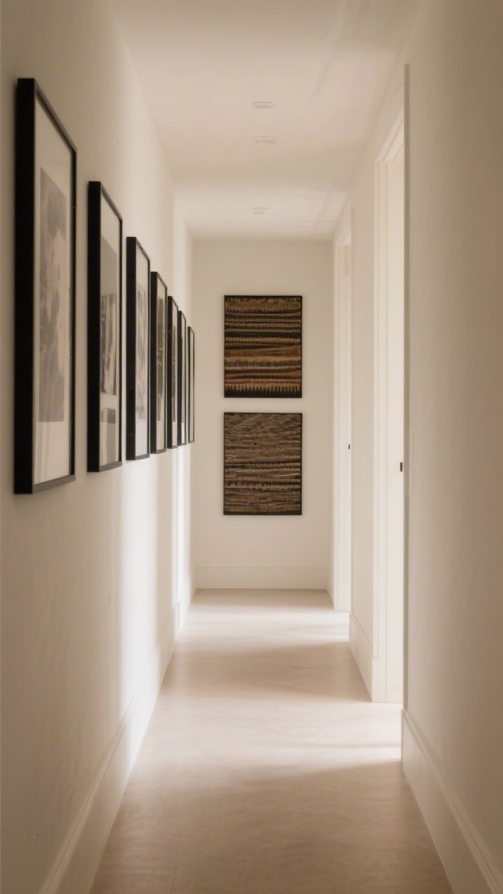 Photorealistic wide hallway shot focused on art placement that guides the eye forward: a single, consistent row of framed art at eye level along one wall, frames in a unified matte black finish for cohesion; a tall vertical diptych near the midpoint to emphasize height; a large statement artwork or framed textile anchoring the end wall as a destination; balanced spacing, soft natural or warm ambient light; straight-on perspective that pulls the viewer down the corridor.