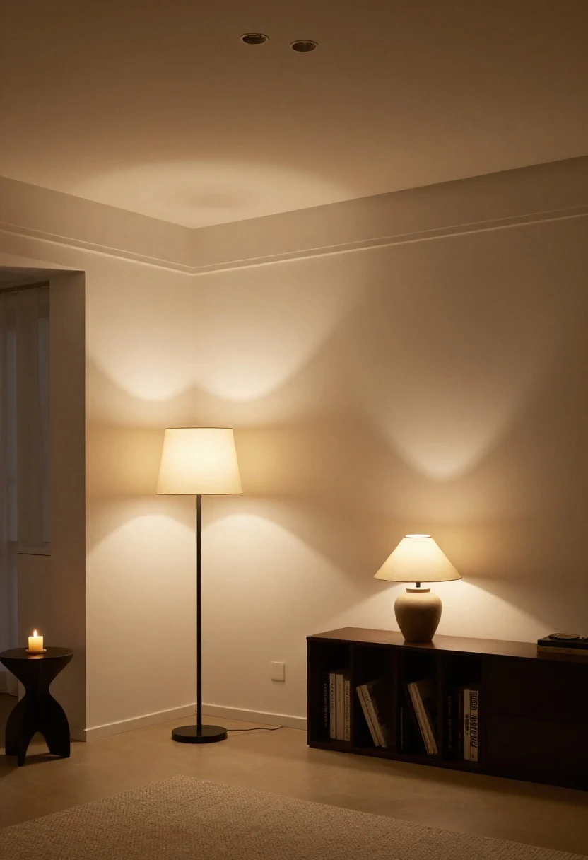 Photorealistic wide living room at night with overhead ceiling light off and a “lighting triangle”: a matte black floor lamp washing warm 2700K light onto a corner wall, a ceramic table lamp with a paper lampshade casting soft glow on a console, and subtle LED strip backlighting a bookshelf for a hotel-suite feel; include a candle flicker on a side table; warm bulbs only, dim cozy ambiance, bounced light aimed at walls and corners, no daylight color temperature, straight-on angle