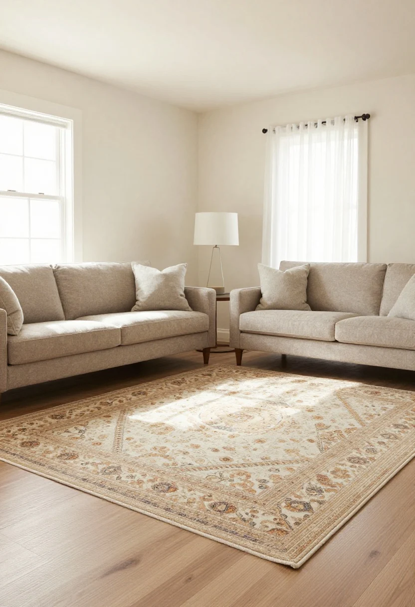 Photorealistic wide living room from a low corner angle highlighting a correctly sized 8x10 rug anchoring a sofa and chairs with their front two legs on the rug; include a lighter-toned rug against darker furniture to lift the room; optional layering: a large natural jute base with a smaller patterned rug centered on top; clean lines, plush underfoot look, warm afternoon light grazing the floor