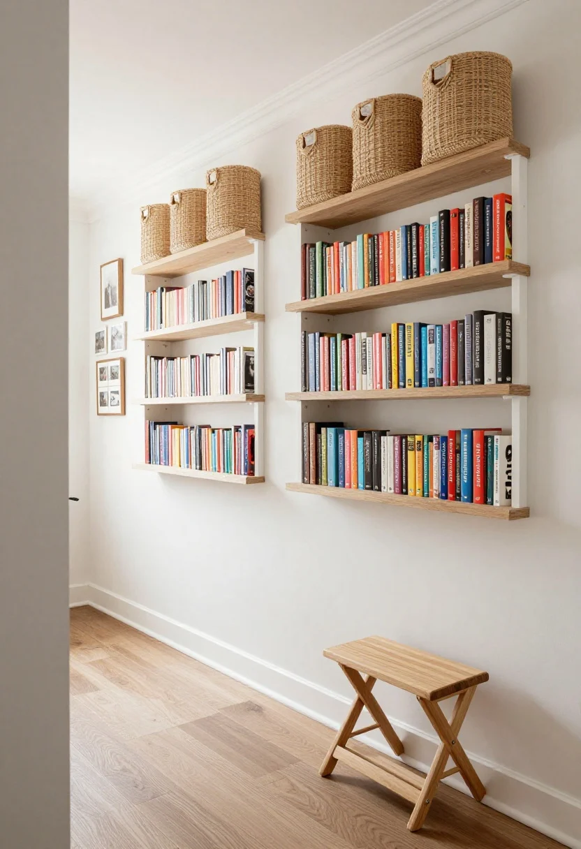 Photorealistic wide shot looking up slightly at a hallway with white walls: sturdy over-door shelf above a doorway holding matching woven or canvas bins for seasonal decor and board games; a thin book rail runs high above adjacent windows like personality-filled crown molding, lined with colorful spines. Near the ceiling, a tight gallery strip of small framed artworks gives boutique-hotel energy. A simple folding step stool in natural wood tucks against the wall. Light, airy mood; avoid heavy items; even ambient lighting; slightly upward perspective.