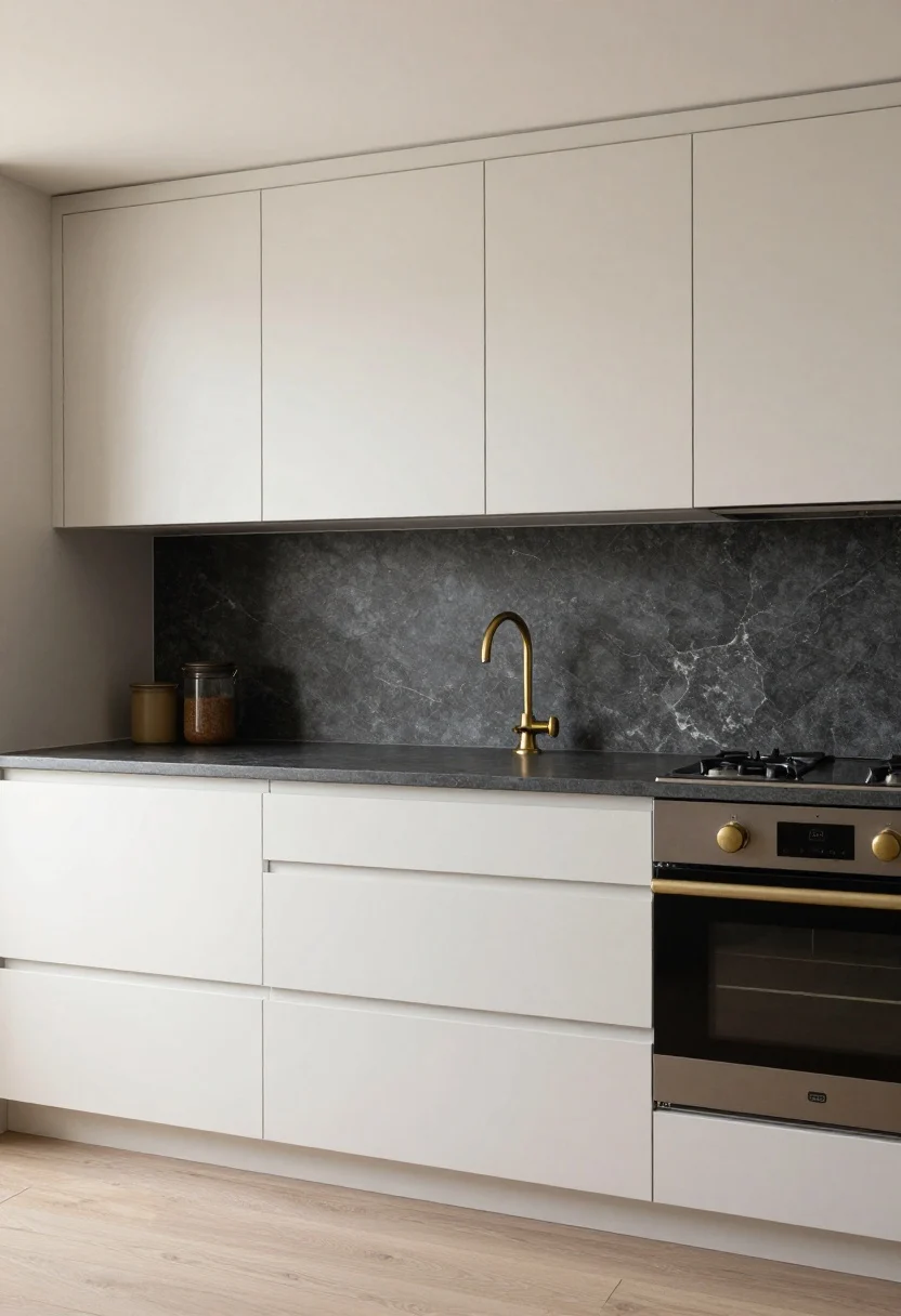 Photorealistic wide shot of a compact kitchen featuring a large-format peel-and-stick stone-look slab backsplash panel mimicking dark soapstone with a soft honed finish; light cabinets above create dramatic contrast; seams placed at natural breaks (behind the range and between cabinets) to disappear; aged brass/antique bronze hardware warming the palette; minimalist, clutter-free countertops; soft directional daylight plus subtle task lighting for chef’s-kitchen energy