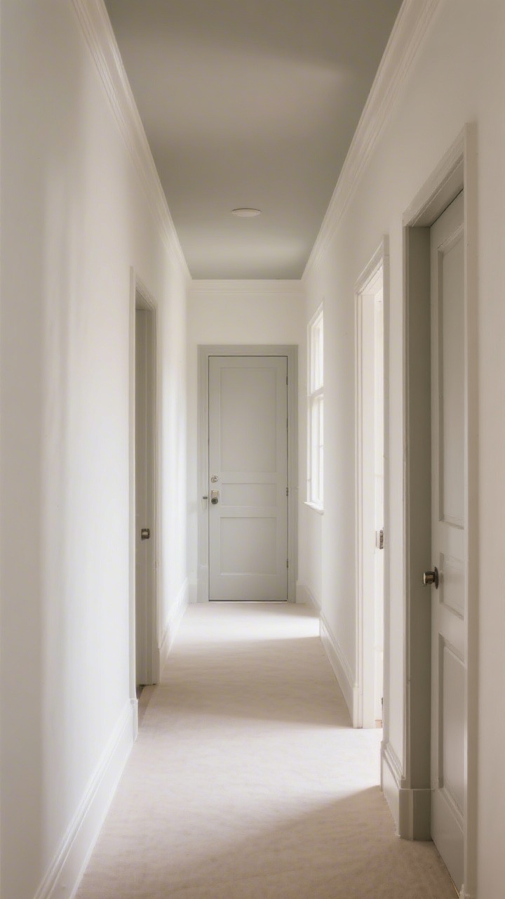 Photorealistic wide shot of a narrow hallway showcasing paint tricks: warm white walls in satin sheen with tone-on-tone trim, slightly darker soft greige doors for intentional depth, and a ceiling a whisper darker than the walls for a receding effect; soft ambient lighting simulating a windowless space, cozy not cold; clean baseboards and door casings painted the same color as walls to erase breaks; straight-on perspective emphasizing expanded width.