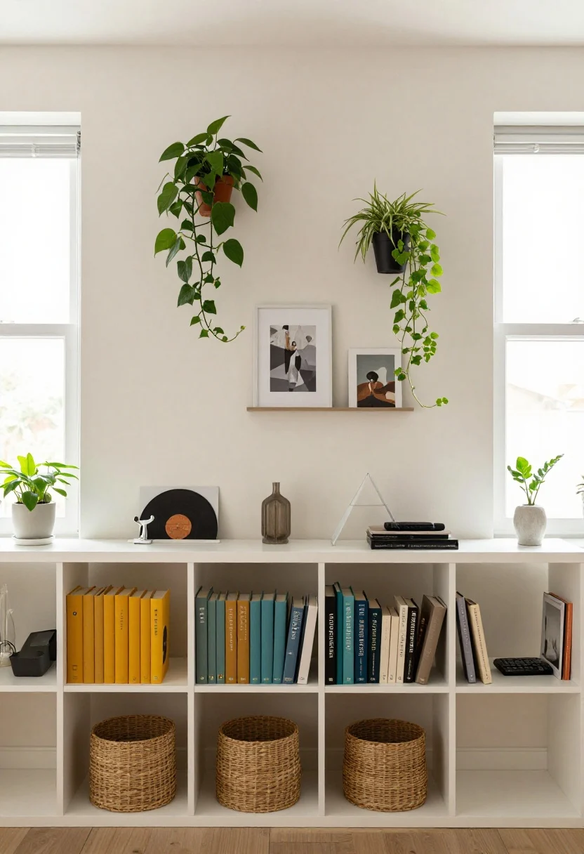 Photorealistic wide shot of the skinny wall between two bright windows: floor-to-ceiling narrow shelving (10–12 inches deep) in white with a tight color story—books grouped by tone with two accent colors (mustard and teal), closed woven baskets placed on lower shelves to hide cables and remotes, and a few sculptural objects. A couple of slim picture ledges layer small art prints and a vinyl record. Staggered wall-mounted plant brackets hold trailing pothos and ivy that catch window light, adding dramatic greenery. Neutral walls, studio apartment vibe, natural daylight, straight-on view.