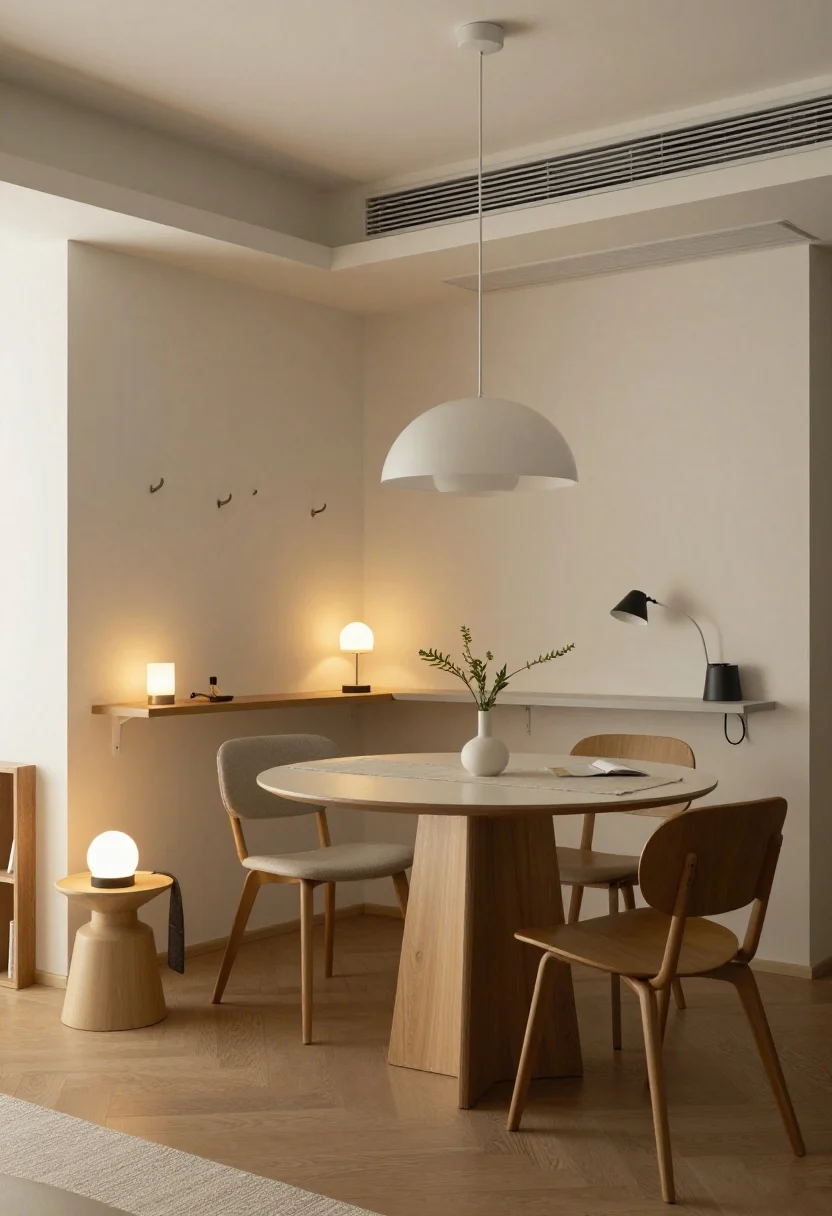 Photorealistic wide studio apartment with defined micro-zones: a reading nook (comfortable chair, floor lamp, small side table, throw), an entry drop zone (slim console with hooks above and a tray for keys), a dining moment (round table with a soft pendant hung 28–34 inches above, simple runner), and a discreet work tuck-away (wall-mounted shelf desk with task lamp and a cable box hiding cords); use a rug and a low bookcase as gentle dividers; warm layered lighting, corner perspective