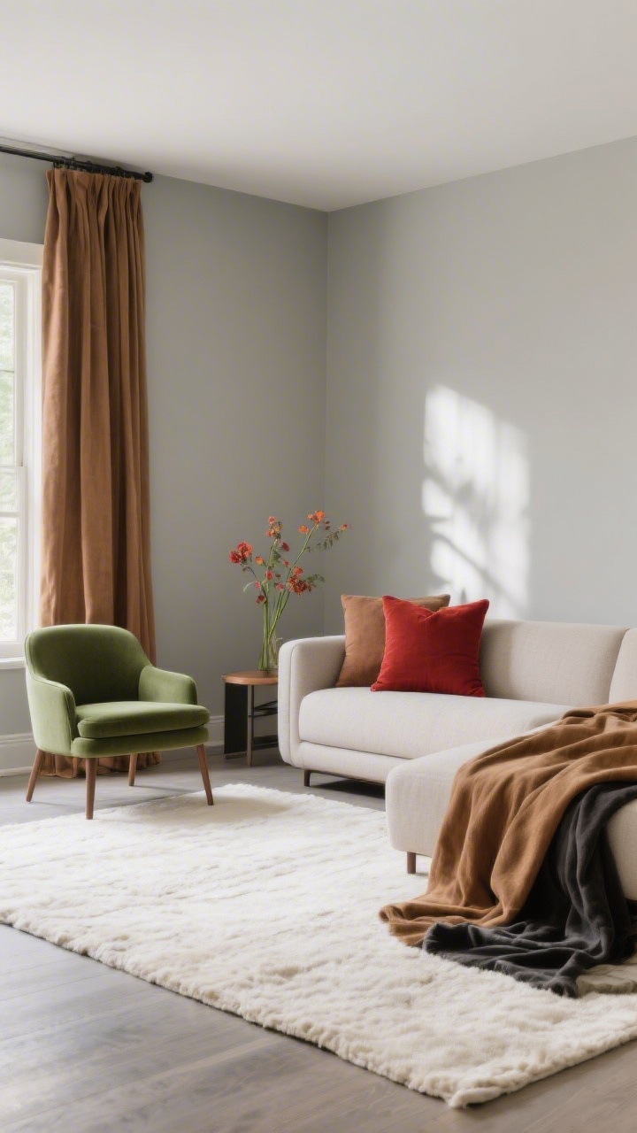 Straight-on medium shot: A cohesive color palette using the 60/30/10 rule—60% main neutral (greige walls, large cream rug, neutral sofa), 30% supporting color (olive green chairs and camel-toned curtains), and 10% accent pop (brick-red pillows and floral stems); layered neutrals like cream, camel, and charcoal visible on textiles; muted tones throughout, soft daylight with gentle shadows, and a refined, intentional look.