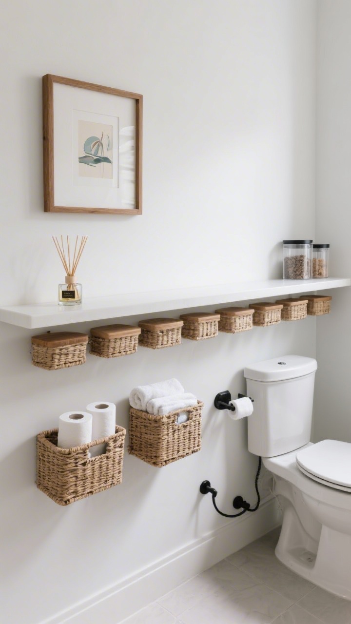 Straight-on medium shot of a long picture ledge across the wall above the toilet with a row of narrow baskets underneath: ledge at eye height featuring a small framed art print, a mini reed diffuser, and decorative matches; below, slim lidded cane baskets mixed with a couple of open baskets holding TP rolls, wipes, and folded washcloths; tight color palette of white, oak, and matte black hardware; acrylic canisters off to one side showing contents for restock clarity; linear, chic composition suitable for an off-center toilet; bright, even natural light.