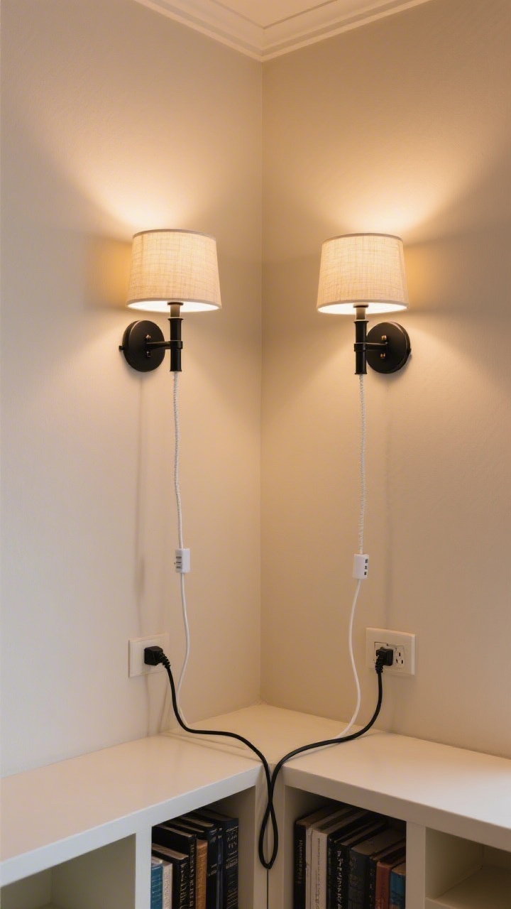 Straight-on medium view of a corner wall featuring two plug-in sconces stacked vertically to frame the corner, creating a boutique-hotel vibe. The sconces have warm 2700–3000K LED bulbs, linen shades, and neat white cord covers painted to match soft beige walls, routed cleanly down to an outlet. Show a narrow corner bookshelf below, flanked by the sconces, with the cords hidden for a built-in look. Finish details: matte black sconce arms, minimal screws or adhesive mounting implied, cozy ambient glow without harshness.