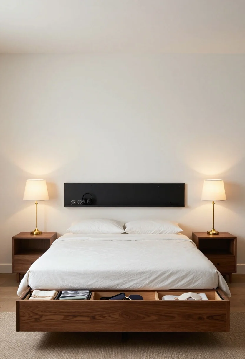 Wide bedroom scene eliminating side tables: symmetrical antique brass swing-arm sconces mounted so shade edges sit 20–24 inches above the mattress, casting warm 2700–3000K dimmable light. Underbed storage drawers in a walnut bed frame slightly visible open, stocked with neatly folded throws and a sleep mask. A slim matte black wall peg near the headboard holds glasses and headphones; a shallow ledge in matching finish sits beneath for minimal catchall needs. Palette: warm white walls, walnut, brass, and black accents; airy, clutter-free composition with elevated materials and balanced symmetry.