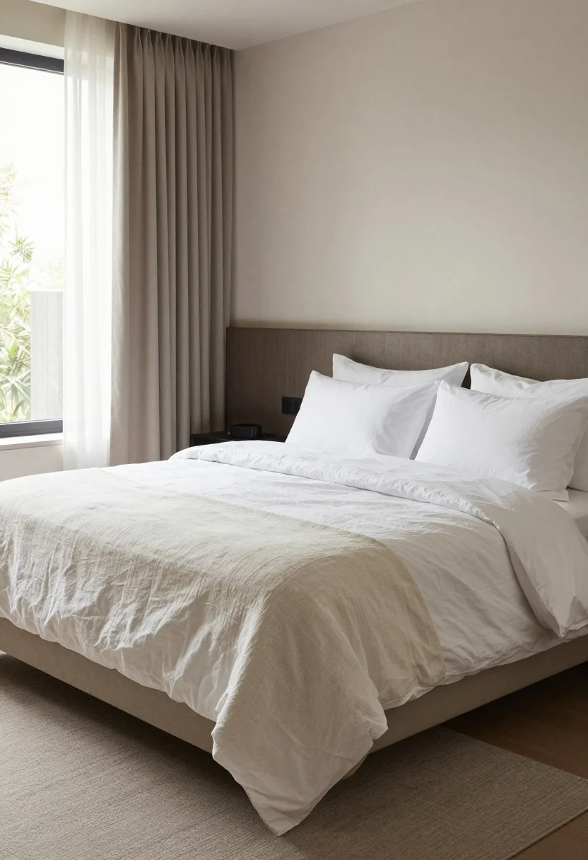 Wide bedroom shot: Hotel-layered bed—neutral base in white cotton percale sheets, linen duvet, a quilted coverlet folded at the foot, two sleeping pillows plus two Euro shams for height. Slightly rumpled but steamed, no wrinkles. Oatmeal throw draped across, soft morning light from the side window.