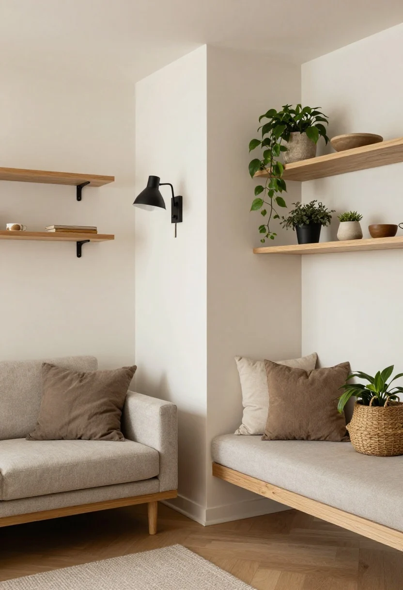 Wide, cohesive apartment montage corner: multiple small nooks in one open-plan space subtly showcased—entry sliver with wall shelf and hooks, sofa corner with swing-arm sconce and corner shelves, window bench with plants, and an over-door shelf—each zone visually integrated with neutral tones, matte black accents, woven baskets, and warm natural light; no people, photorealistic, balanced composition tying the article’s functional corner transformations together.