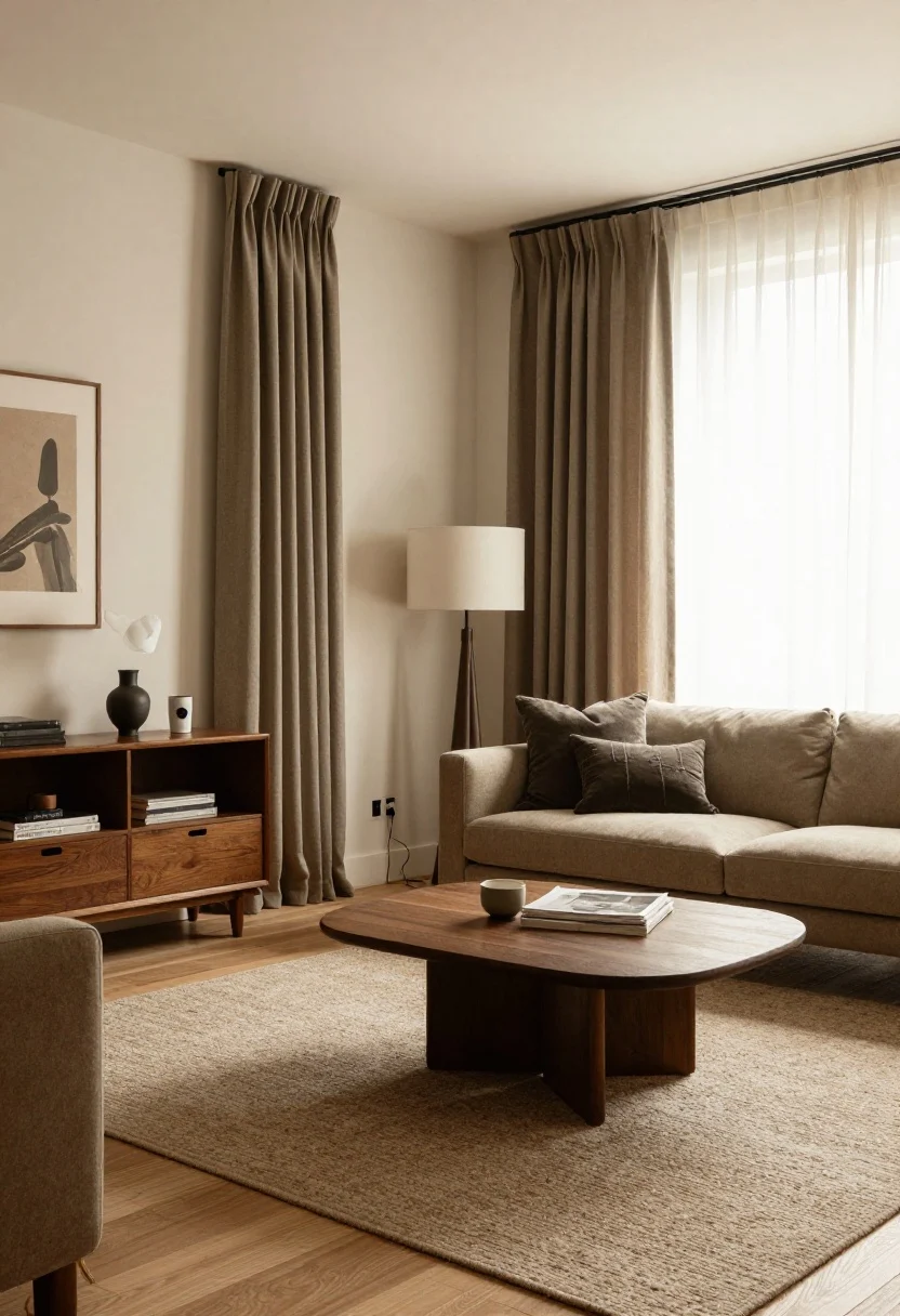 Wide composite living area: A polished rental showing multiple small tweaks—balanced scale furniture, layered lighting with dimmers, substantial curtains hung high and wide, a correctly sized rug, coordinated hardware, concealed cords, rich textures and a restrained accent color. Day-to-night warm ambiance, corner angle capturing cohesion without people.