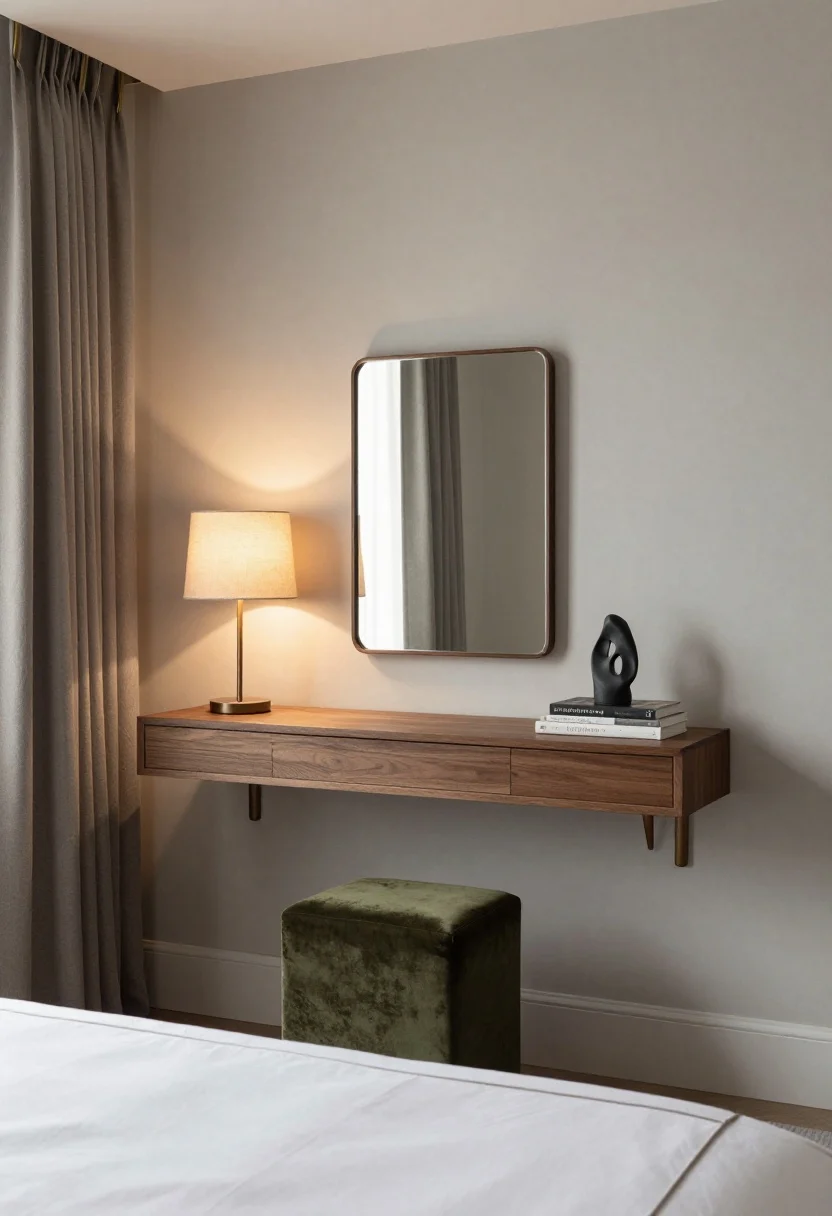 Wide, editorial bedroom view showcasing a slender wall-mounted writing ledge/skinny console (10–14 inches deep) in walnut with a discreet pencil drawer and tapered brackets, acting as bedside and vanity. Centered above: a shallow frameless mirror (20 inches), flanked by a compact table lamp with a linen shade on dimmer for layered lighting. Styled in thirds: lamp, short stack of art books, petite matte black sculpture; tucked below, a velvet ottoman in deep moss. Walls in warm greige, bedding in crisp white with taupe piping, polished nickel curtain rod echoing hardware. Evening ambient light plus lamp glow elongates the wall; camera at a slight corner angle.