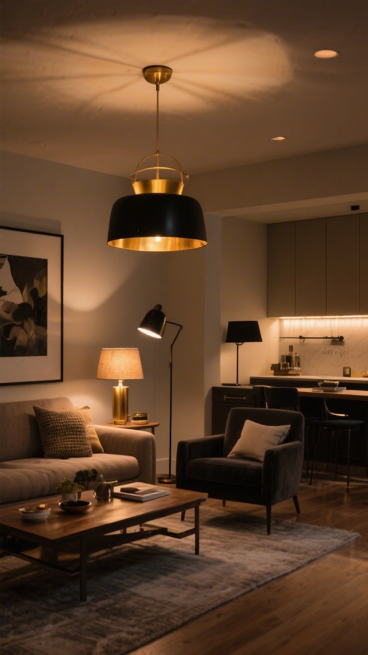 Wide evening shot: A living-dining space with layered lighting—ambient warmth from a brass-and-black pendant overhead, task lighting from a brass table lamp by the sofa and a black floor lamp near a reading chair, and accent lighting from a picture light above art and subtle under-cabinet LED strips; all bulbs warm (2700K–3000K) with high CRI; matching brass and black finishes across fixtures; dim, cozy “date night” mood.