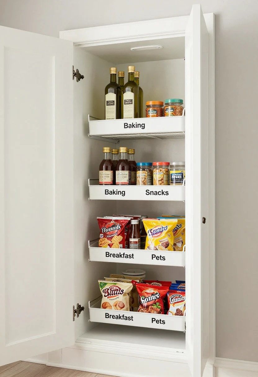 Wide, pantry doorway angle showing a white pantry door fitted with tiered over-the-door racks: adjustable tiers with tall olive oil and vinegar bottles up top, shorter spice jars and snack pouches on lower levels; closed-mesh baskets labeled “Baking,” “Snacks,” “Breakfast,” “Pets” on the fronts; inside the pantry, a small lazy Susan on the nearest shelf; bright, even kitchen lighting; neutral whites with matte metal rack, organized, contractor-free feel; photorealistic, no people.