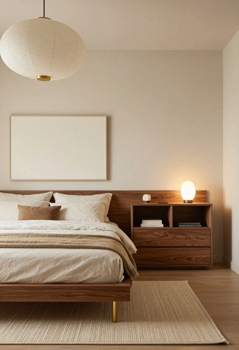 Wide, polished composition of “Layering the Rest”: a serene small bedroom showcasing a low-profile wool flatweave rug, layered lighting (overhead fixture on dimmer, discrete bedside sconces, and a tiny rechargeable task light on a narrow ledge), and considered storage (built-in shallow wall cabinetry alongside underbed drawers). Wall decor: one large statement artwork perfectly aligned to headboard width. Materials read luxe—walnut, matte brass, linen, honed stone; lighting is warm and balanced; negative space preserved for a tranquil, upscale feel.